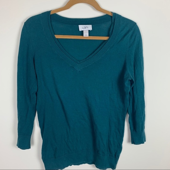 LOFT Turquoise Cotton Long Sleeve V-Neck Shirt - Picture 1 of 8